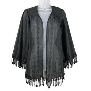 DR2 by Daniel Rainn Embroidered Sheer Open Jacket Cover Up Women's L Boho Fringe
